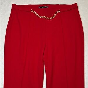 New York & Co stylish red Ponte straight leg Trousers with Gold Chain Accent